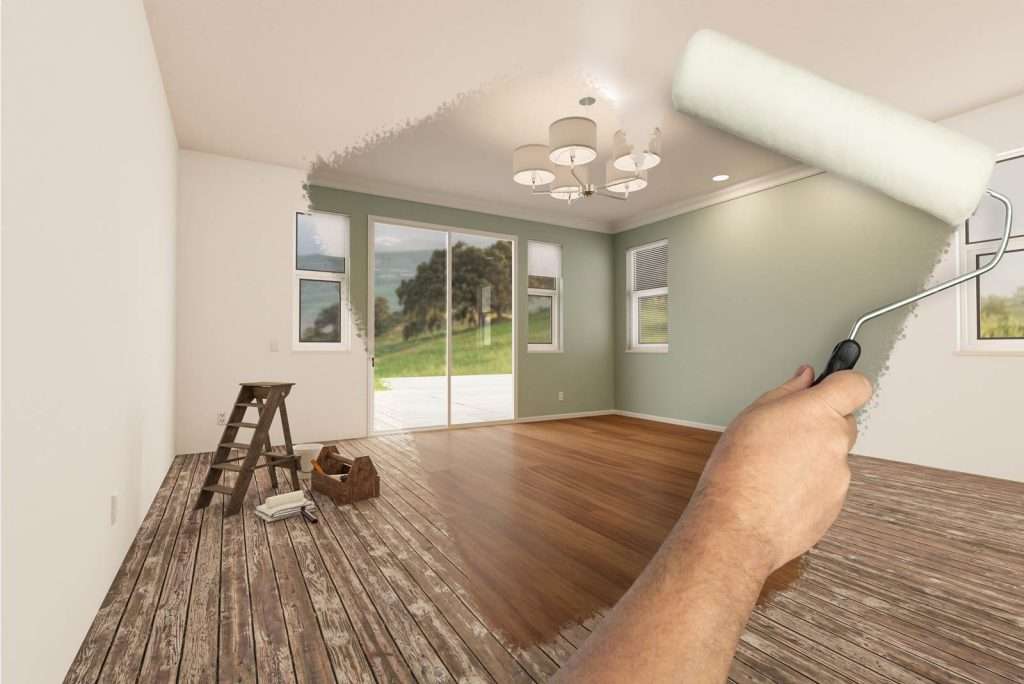 Dirty living room transformed with hand brushing over image to reveal a clean and bright room